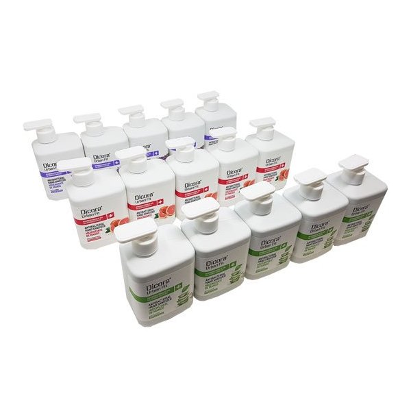 Embalagem multiaroma em gel hidroalcoólico Dicora. Aloe Vera, Pêssego e Lavanda 500 ml. Caixa 15 unidades