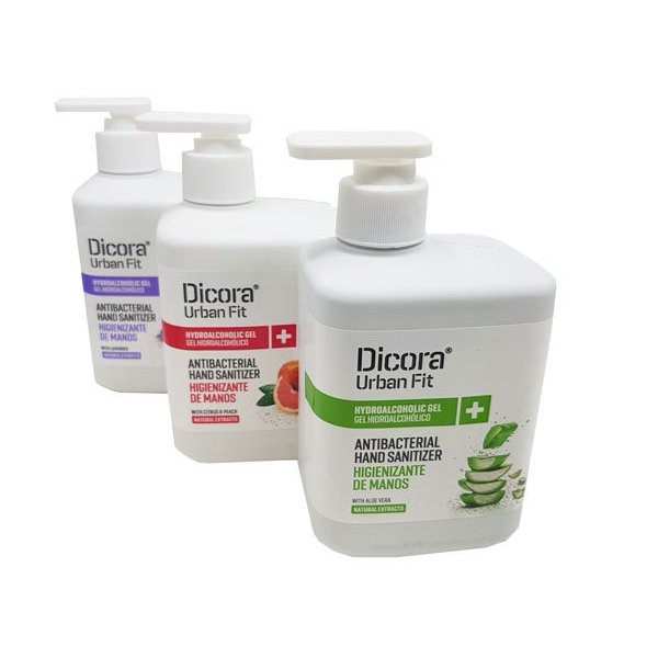 Pack multiaroma Dicora gel hidroalcohólico. Aloe Vera, Melocotón y Lavanda 500 ml. Caja 15 uds