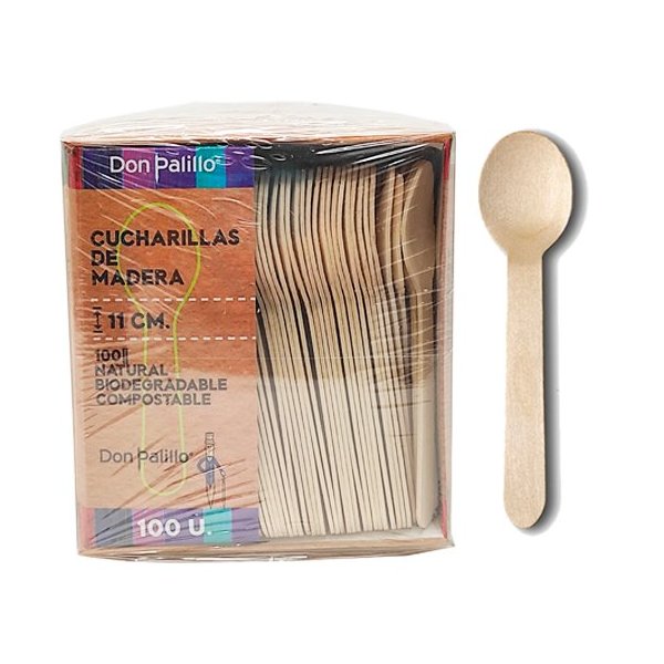 cucharillas de madera biodegradables en pack de 500 unidades.