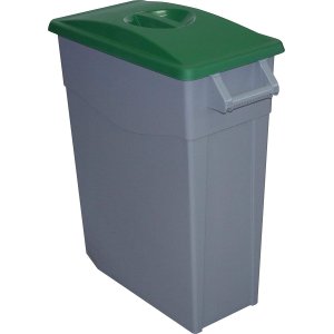 contenedor de basura con tapa cerrada verde de 65 litros de capacidad.