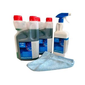 Desinfectante virucida concentrado. Kit 2L, botella etiquetada y bayeta