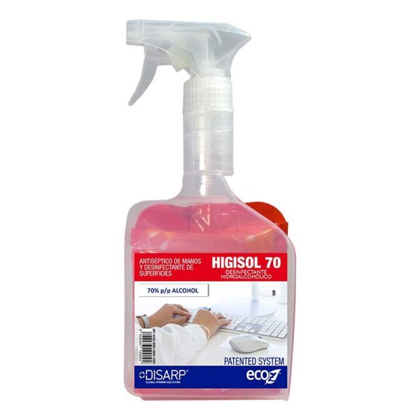 Solução hidroalcoólica HIGISOL 70 DISARP 500 ml. Pistola de pulverização ecológica ECO-Z