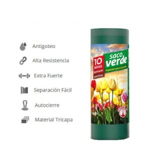 Saco de jardim verde extra-resistente 85x102 cm 120 L com fecho automático. Role 10 unidades