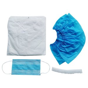 Kit de visita desechable: Bata, calza, gorro y mascarilla. Caja 60 uds