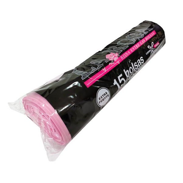 Bolsa de basura rosa 50L con autocierre y perfumada. Rollo 15 uds 70x75 cm