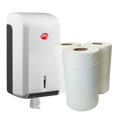 Dispensador de papel secamanos y 3 rollos minimecha 2 capas liso