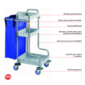 Carrinho de limpeza compacto em aço inoxidável 3 bandejas e saco