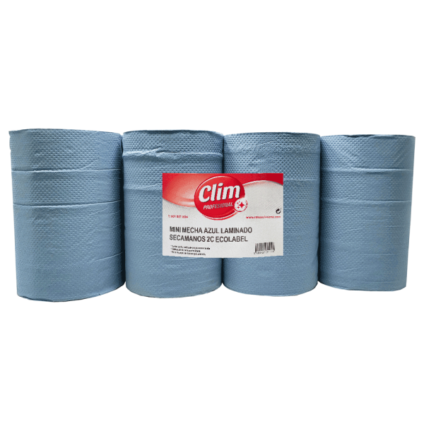 Papel secamanos mini mecha azul 2 capas Clim Profesional. Pack 12 rollos