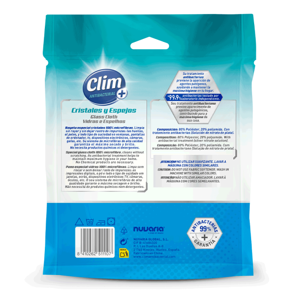 Bayeta microfibra Clim Antibacterial especial cristales y espejos. Pack 15 uds