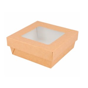 Caja cuadrada cartón kraft con ventana 500 ml First Pack. Pack 25 uds