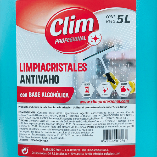 Limpiacristales antivaho secado rápido de 5 litros. Caja 3 uds