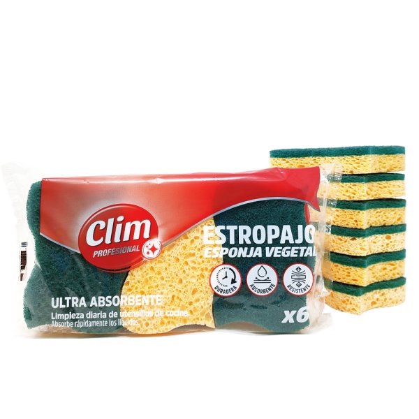 Estropajo con esponja vegetal ultra absorbente Clim Profesional. Pack 18 uds