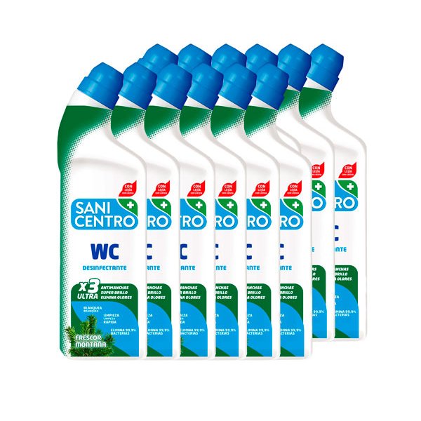 Gel antical limpiador de WC con lejía de SaniCentro. Caja de 12 unidades.