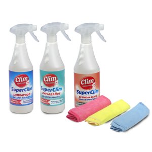 Embalagem multiusos SuperClim, desengordurante e produto de limpeza para casa de banho 3 peças 750 ml + 3 panos de microfibra