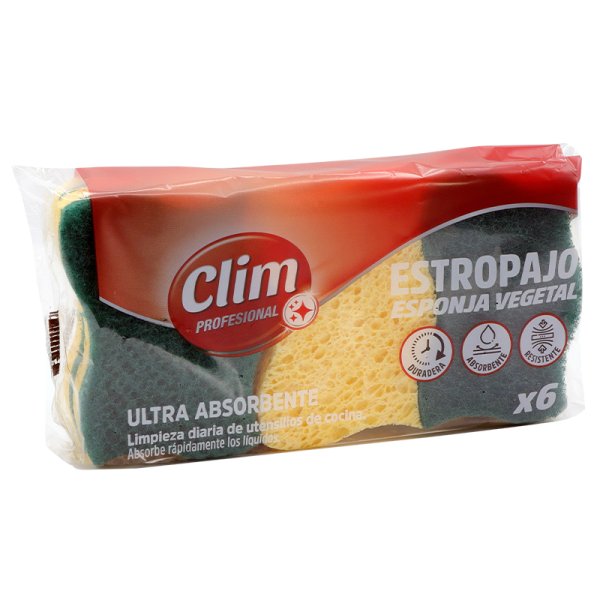 Estropajo con esponja vegetal ultra absorbente Clim Profesional. Pack 18 uds
