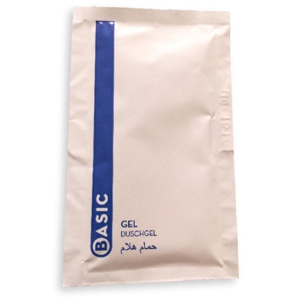 Gel de baño "BASIC" en sobres individuales. Caja 500 uds Gel de baño "BASIC" en sobres individuales. Caja 500 uds