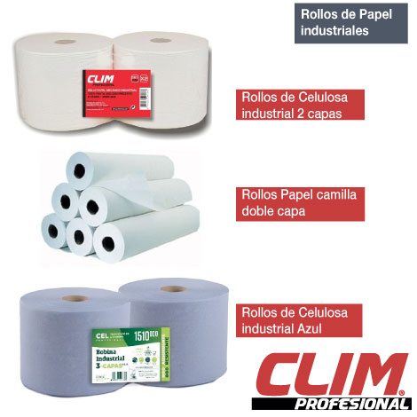 Rollos de celulosa industrial en blanco o en azul, Rollos de papel de camillas doble capa. Papel Secamanos.